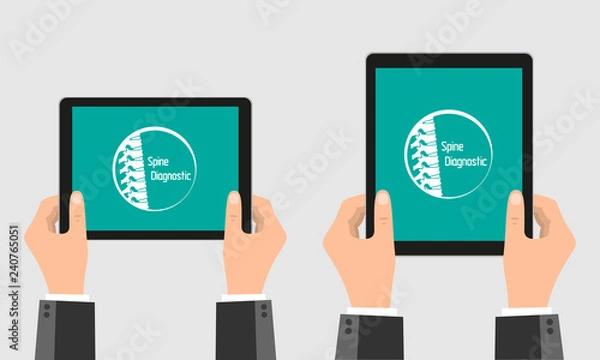 Fototapeta Hands holding tablet with spine logo. Medical diagnostics center logo, vector illustration