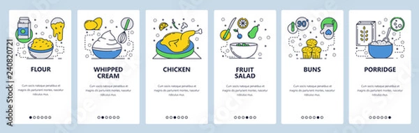 Fototapeta Web site onboarding screens. Breakfast food, chicken, fruit salad, cake, porridge. Menu vector banner template for website and mobile app development. Modern design linear art flat illustration.