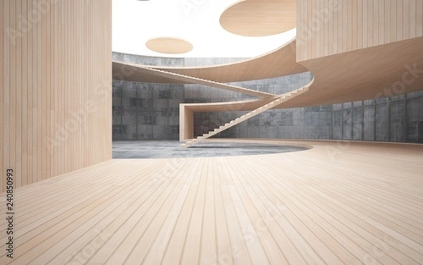 Fototapeta Abstract  concrete and wood interior multilevel public space with window. 3D illustration and rendering.