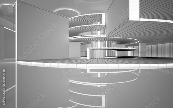Fototapeta Abstract drawing white interior multilevel public space with window. Polygon black drawing. 3D illustration and rendering.