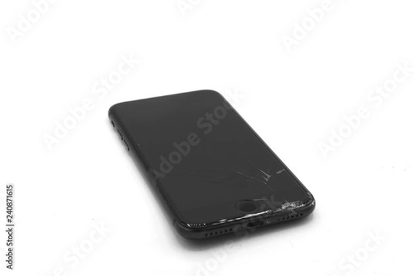 Obraz smart phone with broken screen, Broken screen cell phone on gray background. Smartphone Insurance and Mobile phone warranty concept. top view.