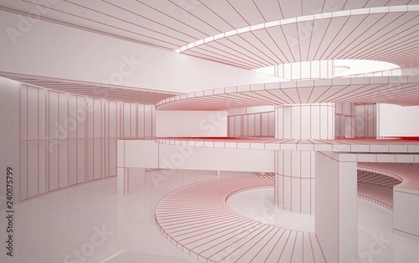 Fototapeta Abstract red drawing white interior multilevel public space with window. 3D illustration and rendering.
