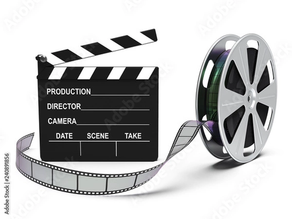 Obraz Filmstreifen, Filmrolle mit Regieklappe isoliert weißer Hintergrund 3D Rendering