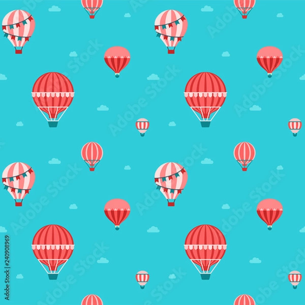 Fototapeta Aerostat in the sky flat seamless pattern. Red, pink and blue.