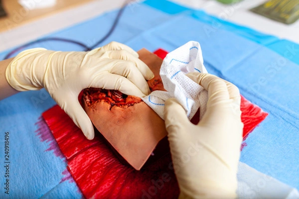 Obraz German military medic practice bleeding control on a wound dummy