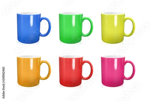 Fototapeta Colorful mugs on isolated background with clipping path. Ceramic coffee cup for montage or design.