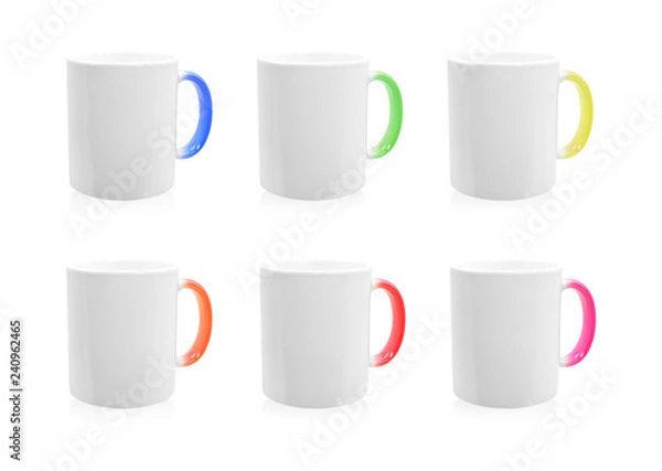 Fototapeta Colorful mugs on isolated background with clipping path. Ceramic coffee cup for montage or design.