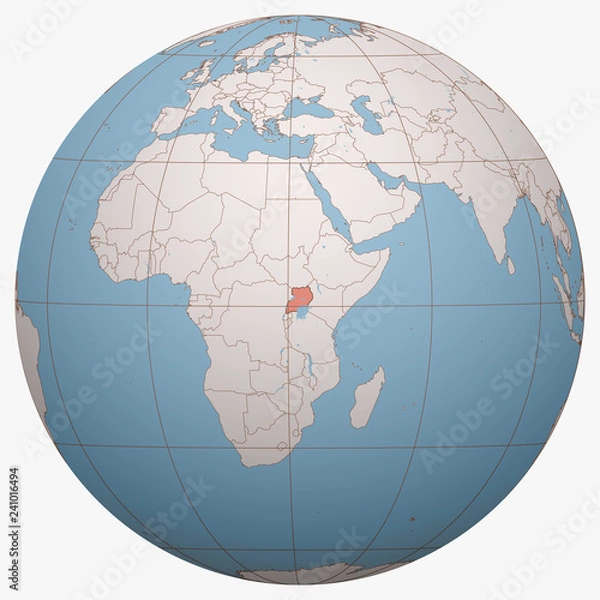 Fototapeta Uganda on the globe. Earth hemisphere centered at the location of the Republic of Uganda. Uganda map.