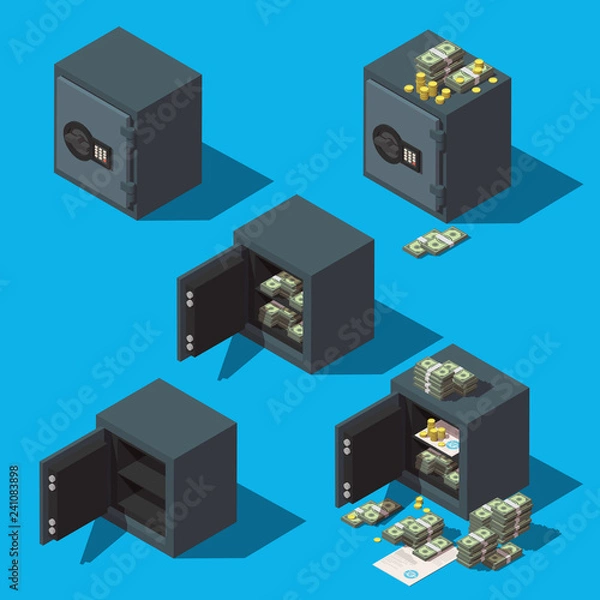 Fototapeta Set of safe boxes icons with coins, money and documents. Vector isometric illustration.