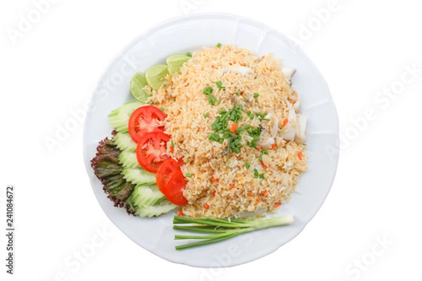Fototapeta stir fried rice with squid isolated on white background