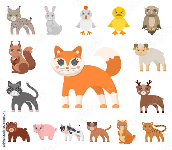Fototapeta Toy animals cartoon icons in set collection for design. Bird, predator and herbivore vector symbol stock web illustration.
