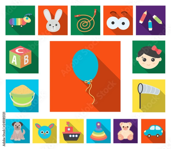 Fototapeta Children's toy flat icons in set collection for design. Game and bauble vector symbol stock web illustration.