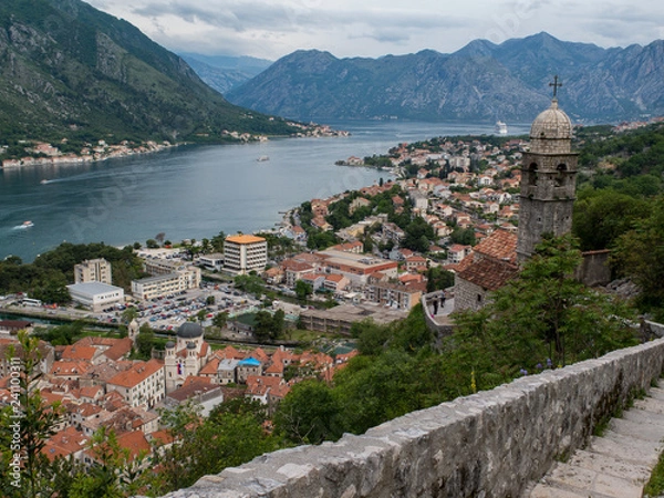 Obraz Walls overlooking the bay of Kotor with a church tower