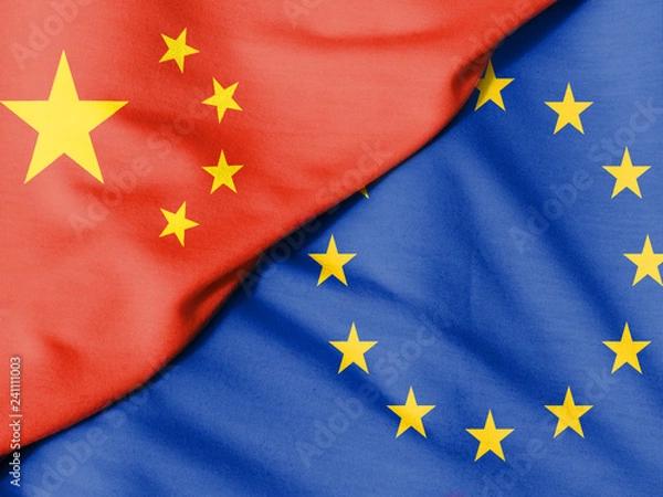 Fototapeta Two flags. Flag of China. European Union flag.
