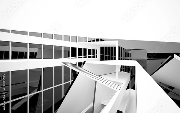 Fototapeta Abstract white and black interior multilevel public space with window. 3D illustration and rendering.