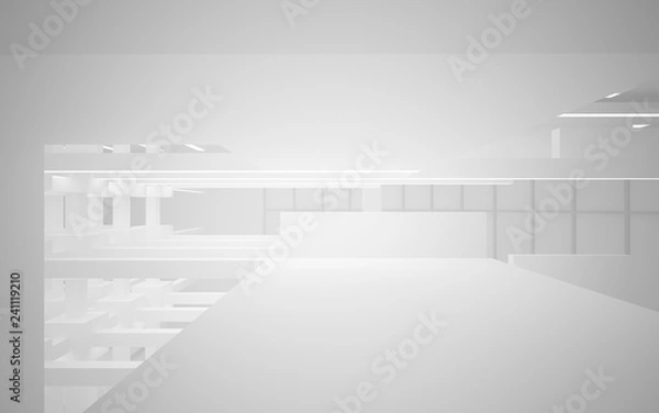 Fototapeta Abstract white interior of the future, with neon lighting. 3D illustration and rendering