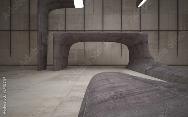 Fototapeta Empty dark abstract brown concrete room smooth interior. Architectural background. Night view of the illuminated. 3D illustration and rendering