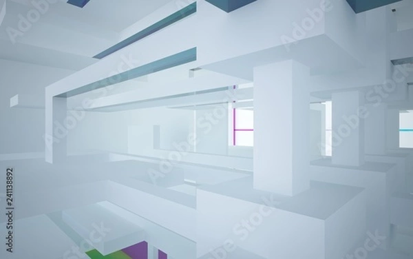 Fototapeta Abstract white and colored gradient glasses interior multilevel public space with window. 3D illustration and rendering.