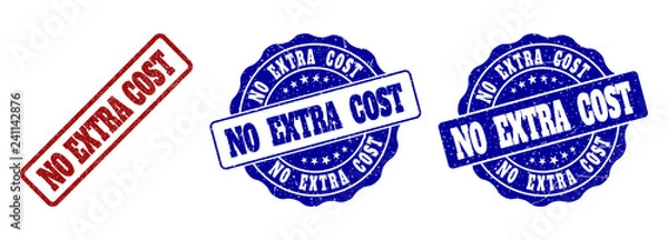 Fototapeta NO EXTRA COST grunge stamp seals in red and blue colors. Vector NO EXTRA COST labels with draft surface. Graphic elements are rounded rectangles, rosettes, circles and text labels.