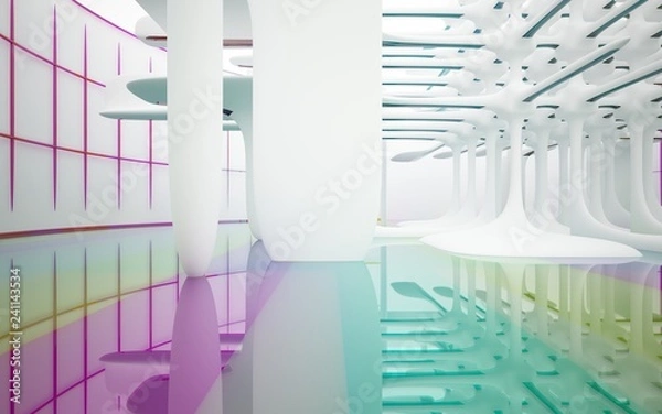 Fototapeta Abstract white and colored gradient glasses interior multilevel public space with window. 3D illustration and rendering.