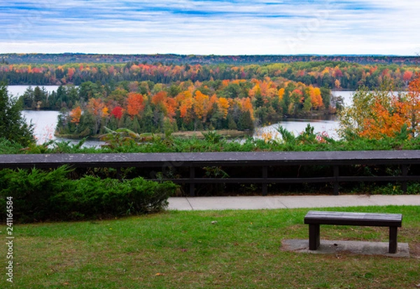 Obraz Bench Overlooking Au Sable River and Fall Forest
