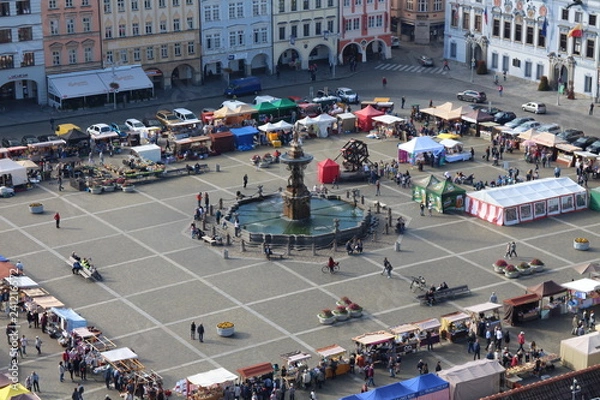 Obraz View from Black Tower (Černá věž) to Samson´s fountain on Přemysl Otakar II. square in České Budějovice, South Bohemia, Czech republic