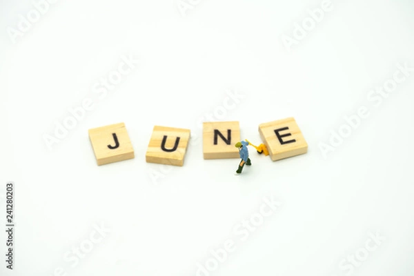 Fototapeta Miniature people Construction worker standing with wood word Month. using as background business concept and calendar concept with copy space  for your text