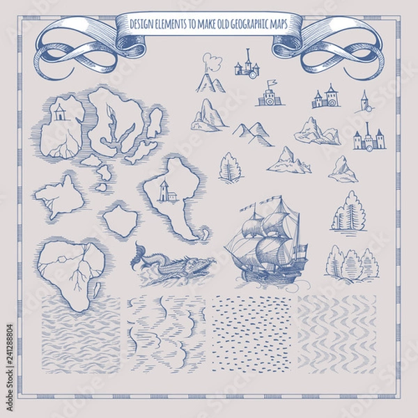 Obraz Example design elements to make your own fantasy or treasure maps. Includes city, forest, mountains, sea, waves, ocean. Imitation of medieval drawings. Hand-drawn sketch. Vector