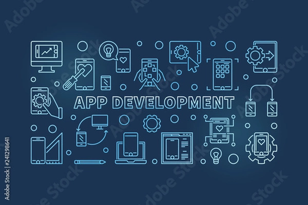 Fototapeta App Development vector blue concept illustration in thin line style on dark background