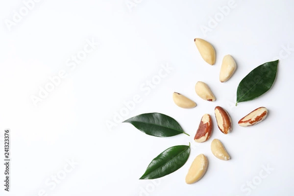 Fototapeta Composition with Brazil nuts and space for text on white background, top view