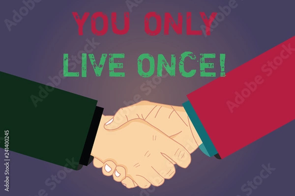 Fototapeta Handwriting text writing You Only Live Once. Concept meaning Seize the day and be happy motivated enjoy life Hu analysis Shaking Hands on Agreement Sign of Respect and Honor