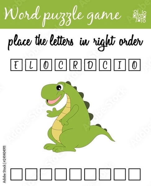 Fototapeta Words puzzle game with crocodile. Place the letters in right order. Learning vocabulary. Educational game for children