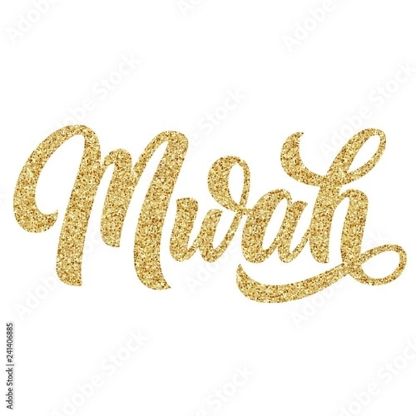 Fototapeta Mwah hand lettering, sound of kissing custom typography, with golden glitter texture brush calligraphy, isolated on white background. Vector type illustration.