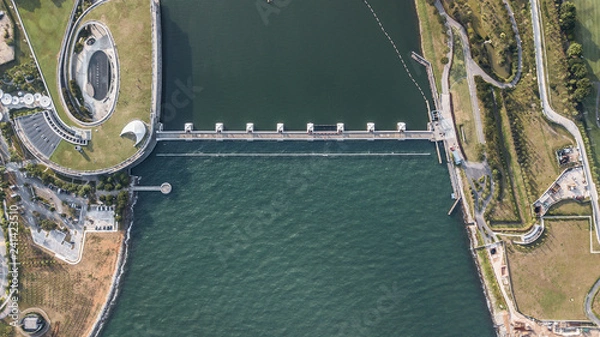 Fototapeta Aerial view of dam in singapore. Where fesh water vs. brine / Save fresh water / Construction Technology / Emgineering Design