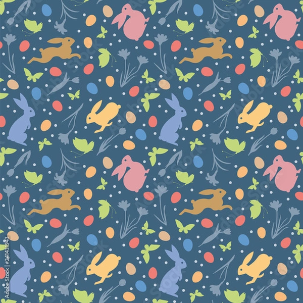 Obraz Easter Holidays seamless vector pattern with easter bunnies, flowers, eggs, butterflies