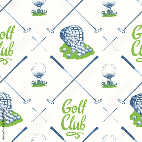Fototapeta Seamless golf pattern with busket and ball. Vector set of hand-drawn sports equipment. Illustration in sketch style on white background.