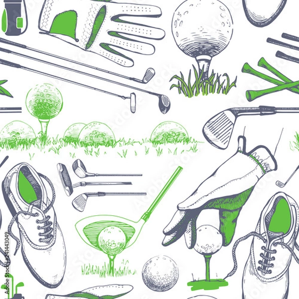 Fototapeta Seamless golf pattern with basket, shoes, car, putter, ball, gloves, flag, bag. Vector set of hand-drawn sports equipment. Illustration in sketch style on white background.