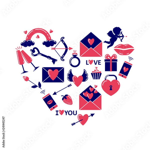 Fototapeta A set of symbols of Valentine's Day, enclosed in a heart shape. Valentines day icons. Symbols of love - heart, cupid, arrow, valentine, gift, lips, rose, ring, key, lock, message, rainbow, glasses.