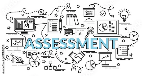 Fototapeta Flat colorful design concept for Assessment. Infographic idea of making creative products. Template for website banner, flyer and poster..