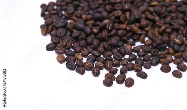 Fototapeta Coffee beans background texture isolated on white background with copy space for text. Royalty high-quality free stock macro photo image roasted brown, black coffee bean isolated on white background