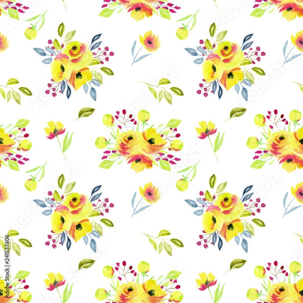 Fototapeta Watercolor yellow roses bouquets seamless pattern
