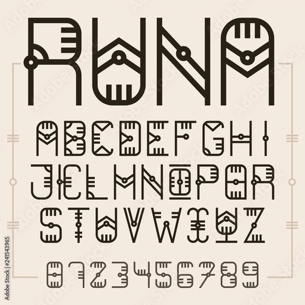 Fototapeta Ethnic style font, runes alphabet, all letters and numbers, english abc, vintage typography, font design, decorative font
