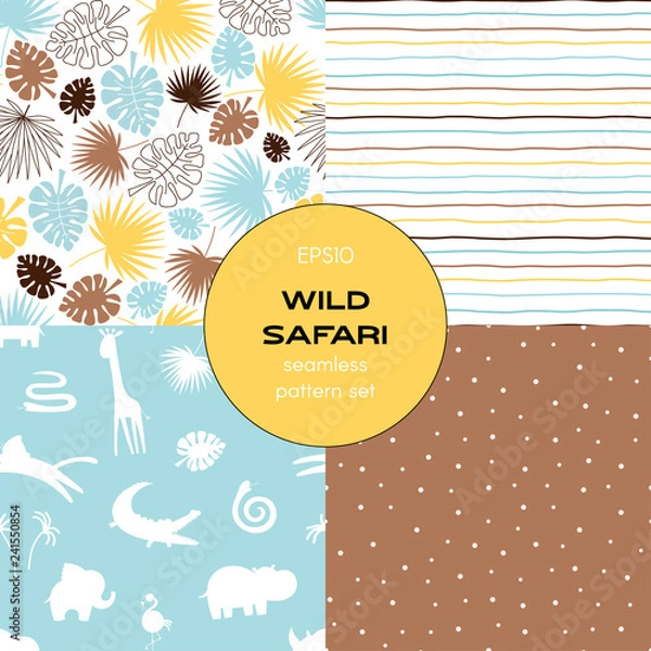 Fototapeta Safari themed vector seamless background set includes tropical leaves, stripes, african animals silhuettes and polka dots patterns, vector graphics, kids and baby summer textile tee shirt apparel