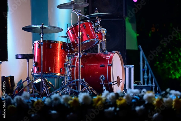 Fototapeta Close-up of musical drum set is ready to play in a live stage programmed.