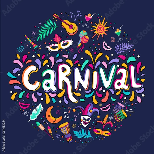 Fototapeta Vector Hand drawn Carnaval Lettering. Carnival Title With Colorful Party Elements, confetti and brasil samba dansing