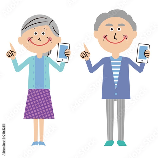 Fototapeta ポップなシニアの夫婦　携帯電話をもって指差し