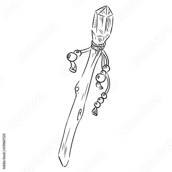 Fototapeta Magic wand with crystal doodle sketch. Isolated vector silhouette image. Wiccan instrument