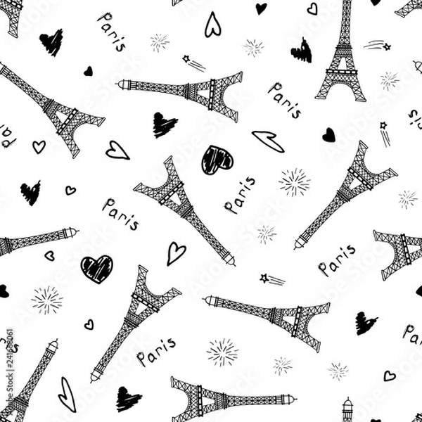 Fototapeta Vector seamless pattern with hand drawn Eiffel towers, hearts, fireworks and word Paris.