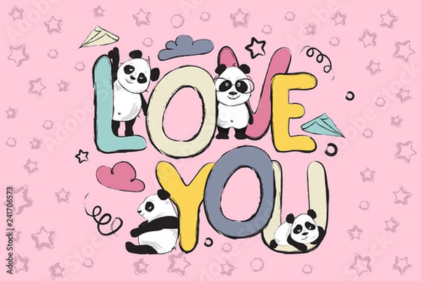 Fototapeta Love you greeting card design with cute panda bears and quote 
