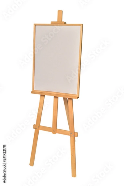 Fototapeta Easel with frames empty for drawing isolated on white background. Vertical paper sheets. Object, set. Wooden, mock up. Education, school, artist. Creative concept and idea of art